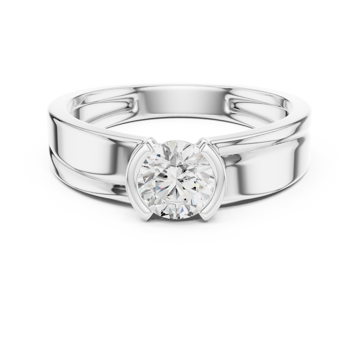 White Gold Round Half Bezel Rail Ring for Him Detail View