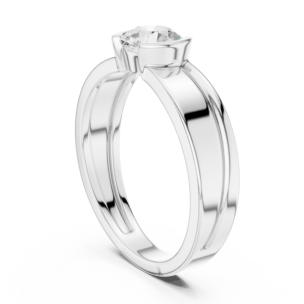  White Gold Round Half Bezel Rail Ring for Him Side View