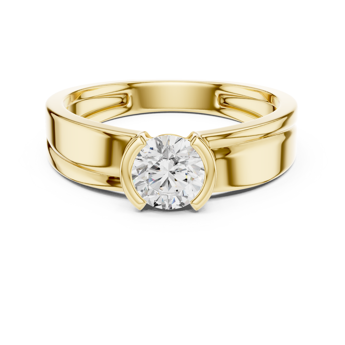  Gold Round Half Bezel Rail Ring for Him Detail View