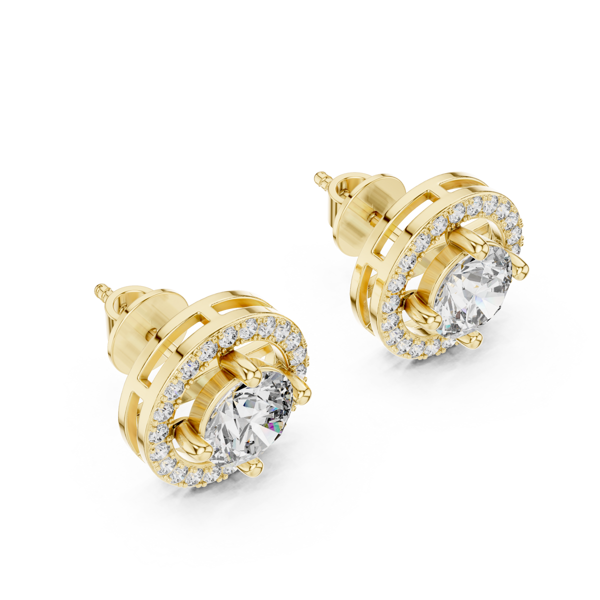  Gold Round Halo Gallery Studs Angle View