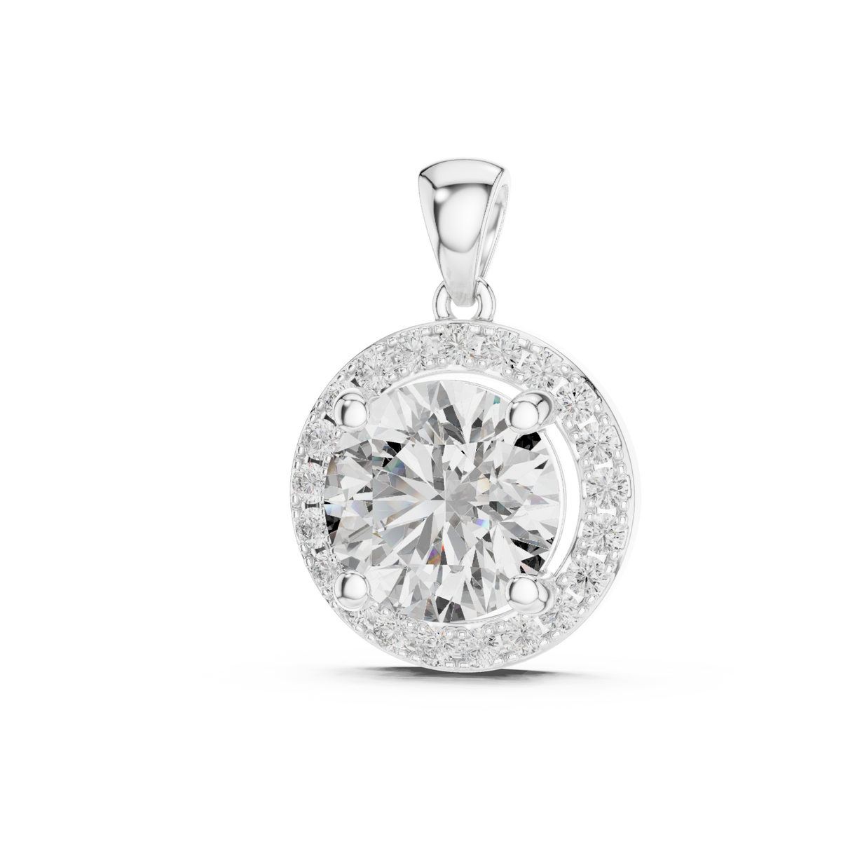 Round halo pendant white gold angle view