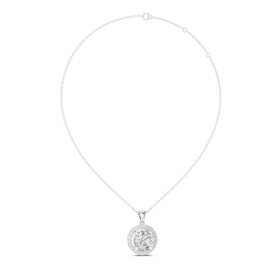 Round halo pendant white gold front view