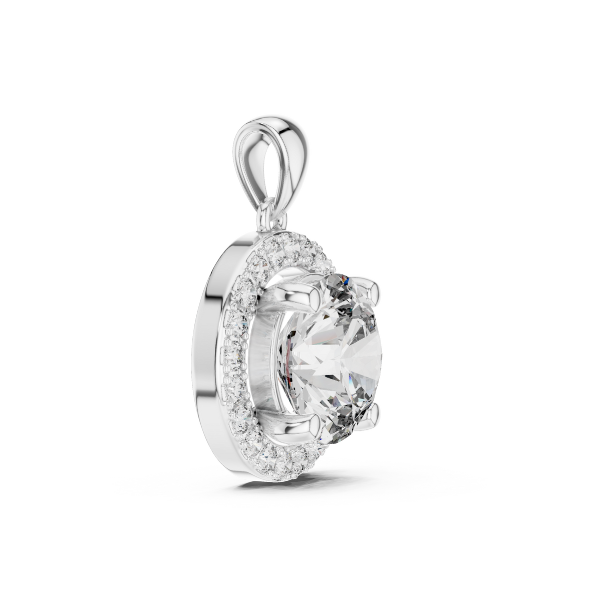 Round halo pendant white gold side view