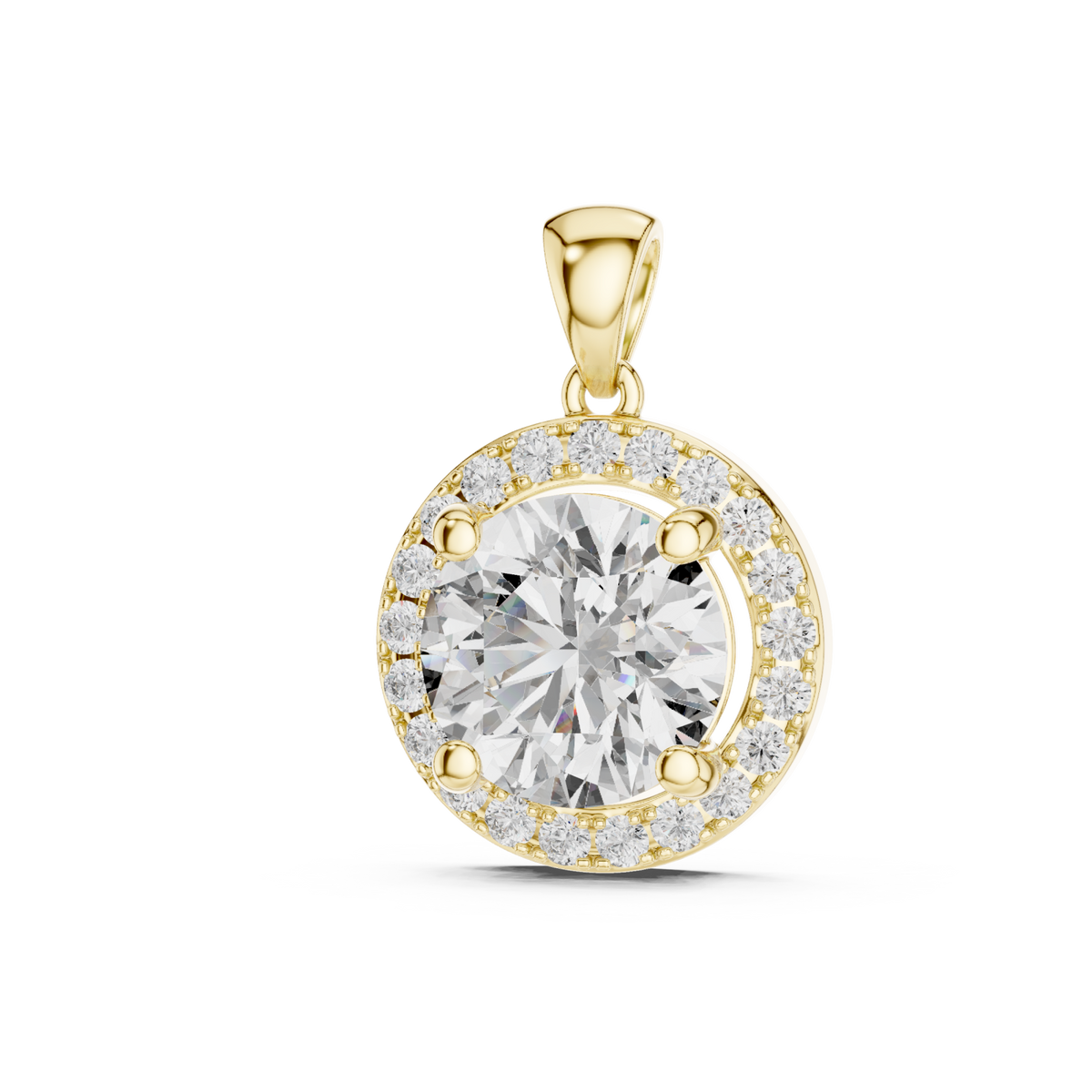 Round halo pendant yellow gold angle view