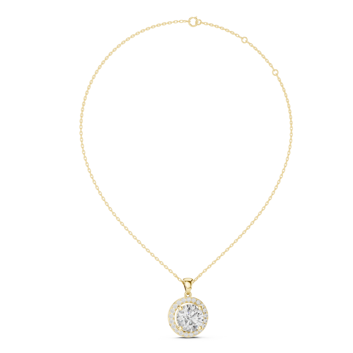 Round halo pendant yellow gold front view