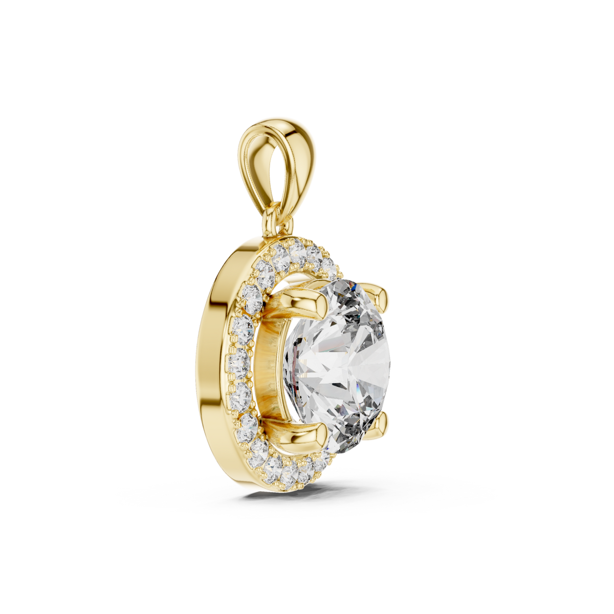 Round halo pendant yellow gold side view