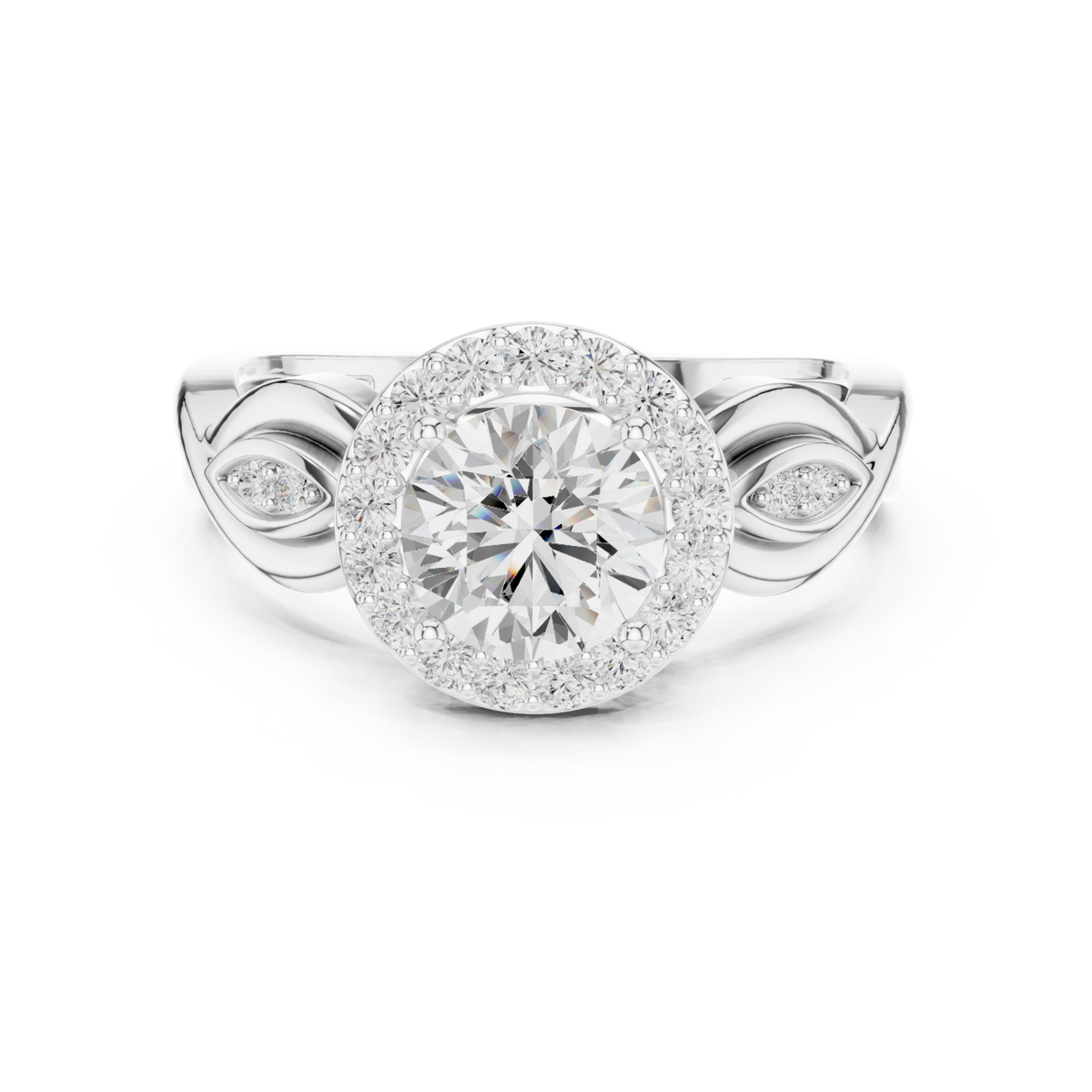 Round halo vine shank ring white gold detail view