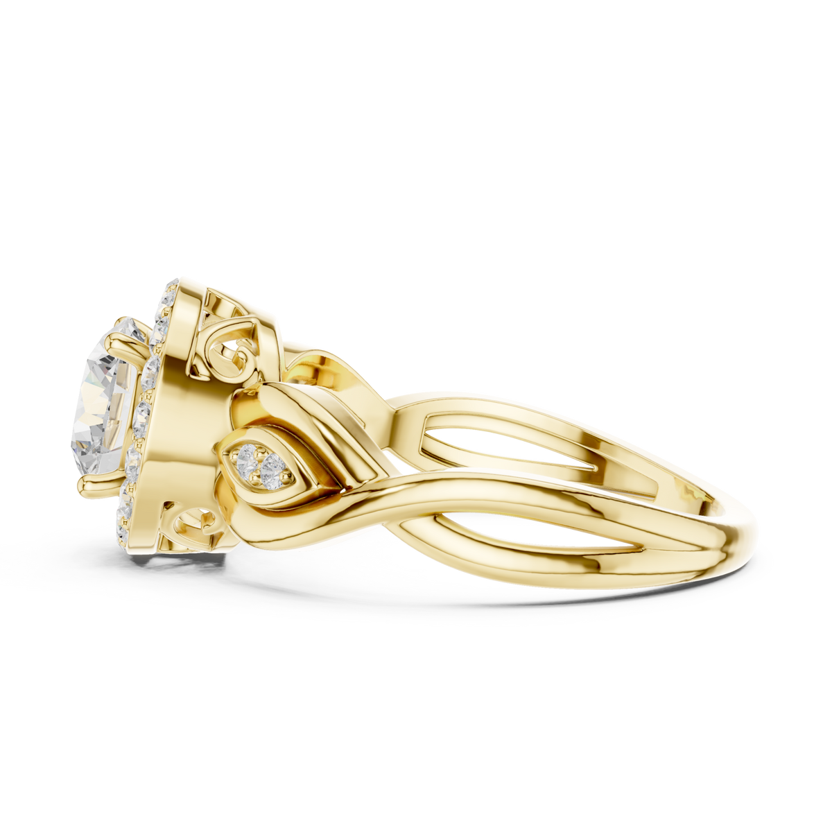 Round halo vine shank ring yellow gold angle view