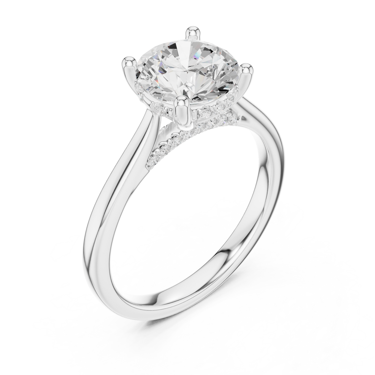 Round hidden halo cathedral solitaire engagement ring white gold angle view