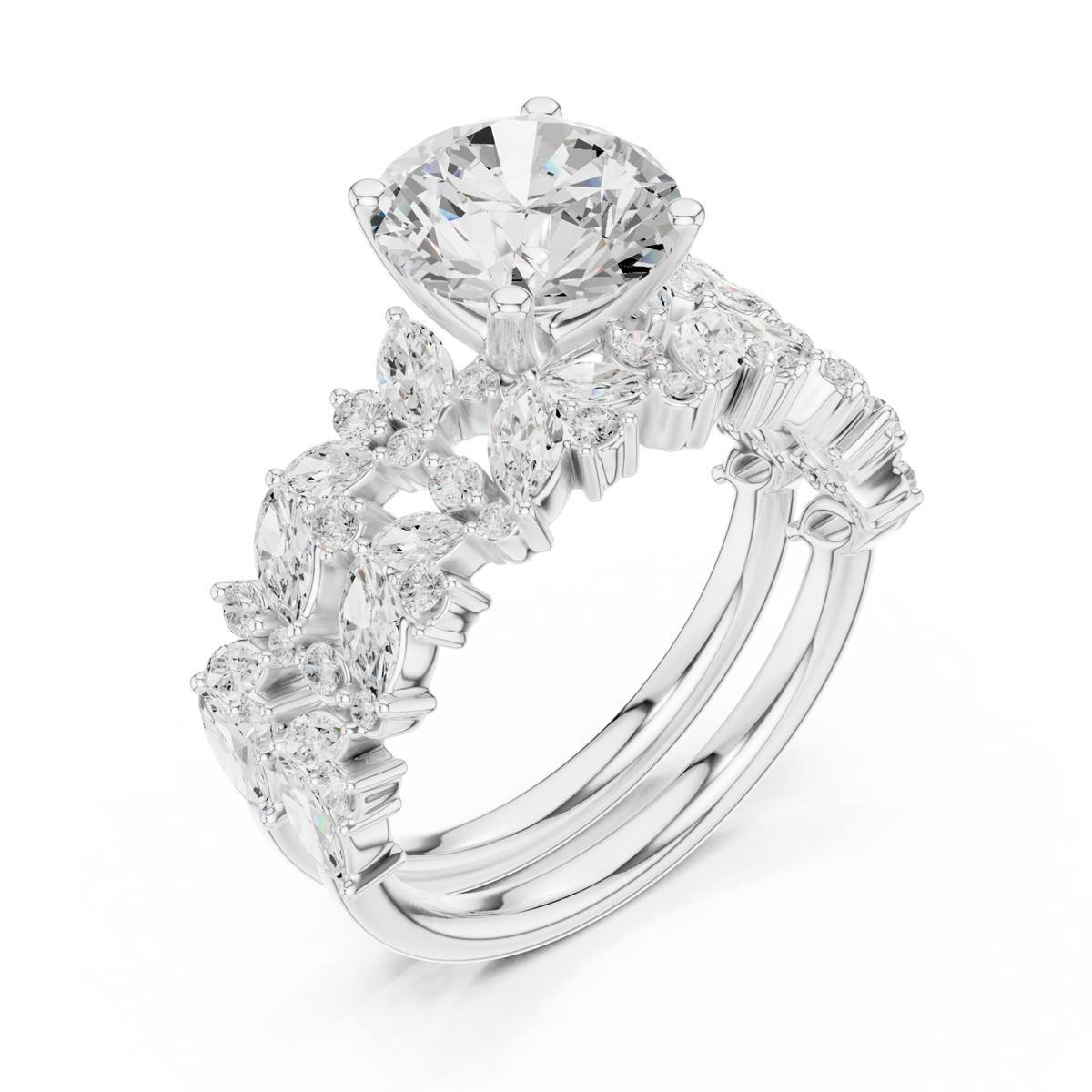 Round marquise cluster bridal set white gold angle view