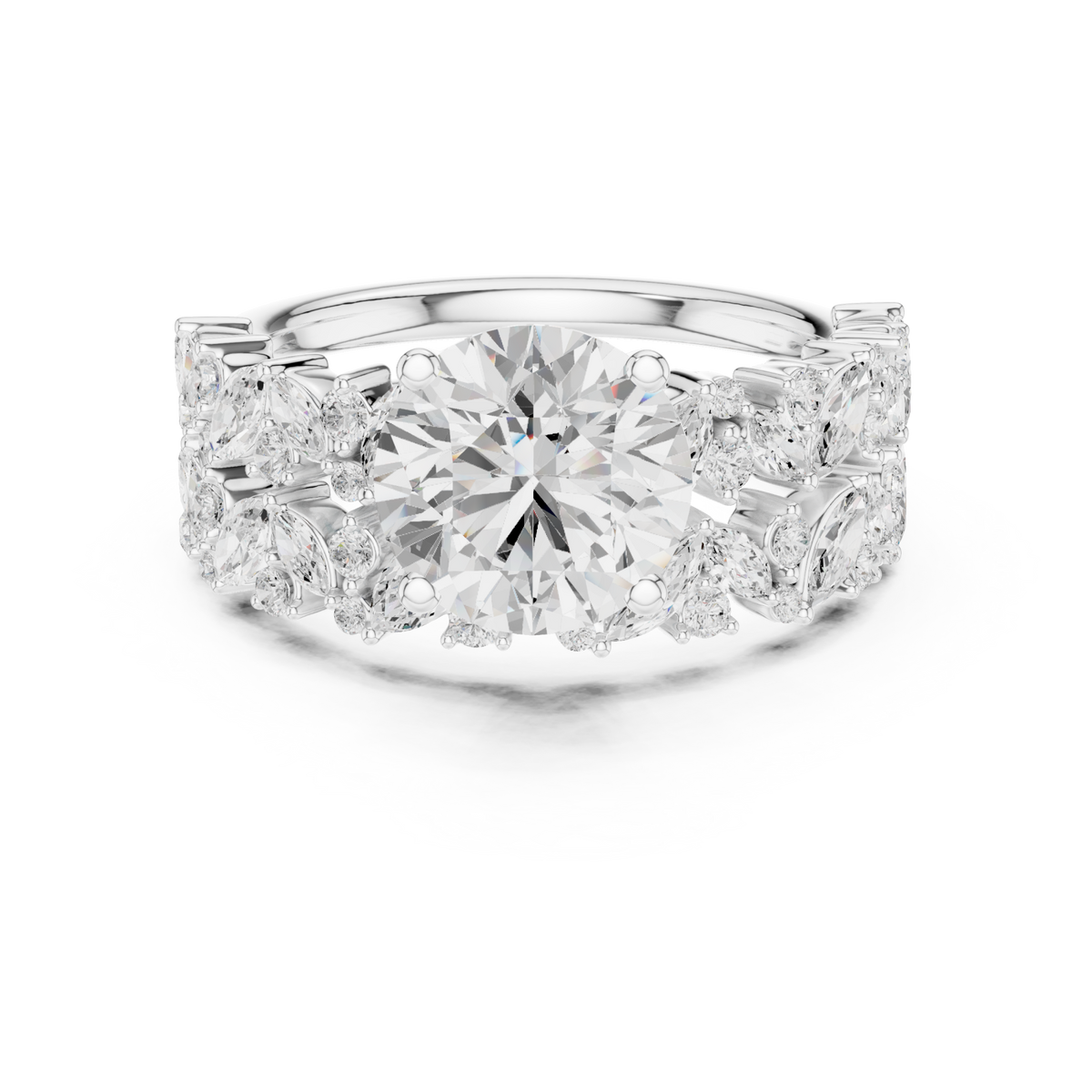 Round marquise cluster bridal set white gold detail view