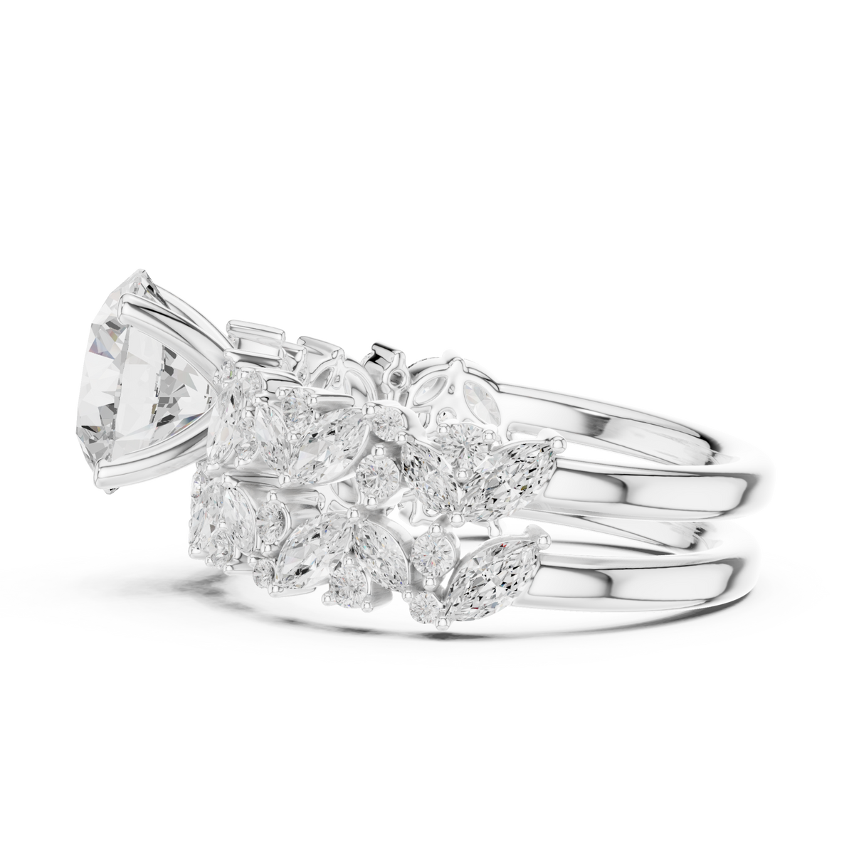 Round marquise cluster bridal set white gold side view