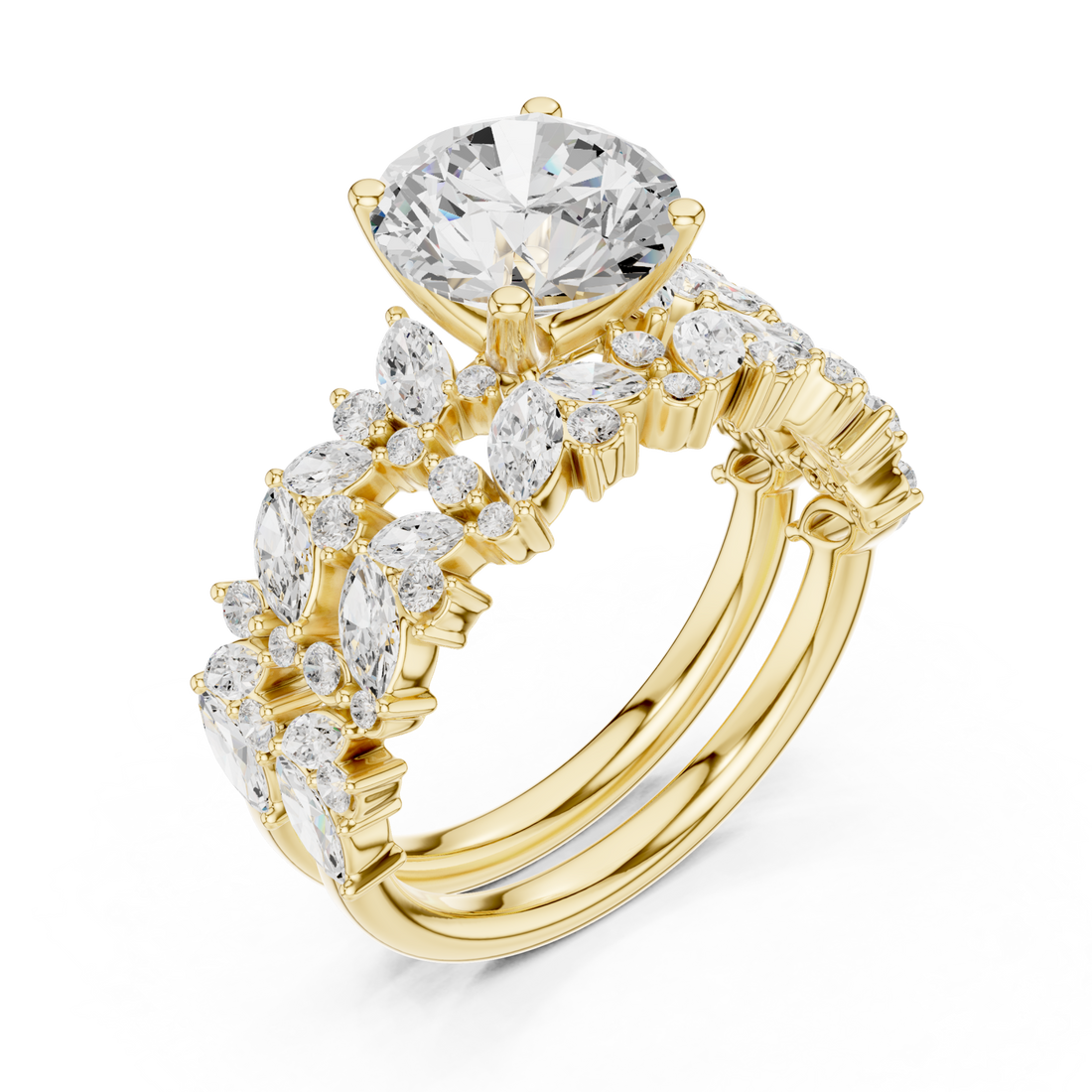 Round marquise cluster bridal set yellow gold front view