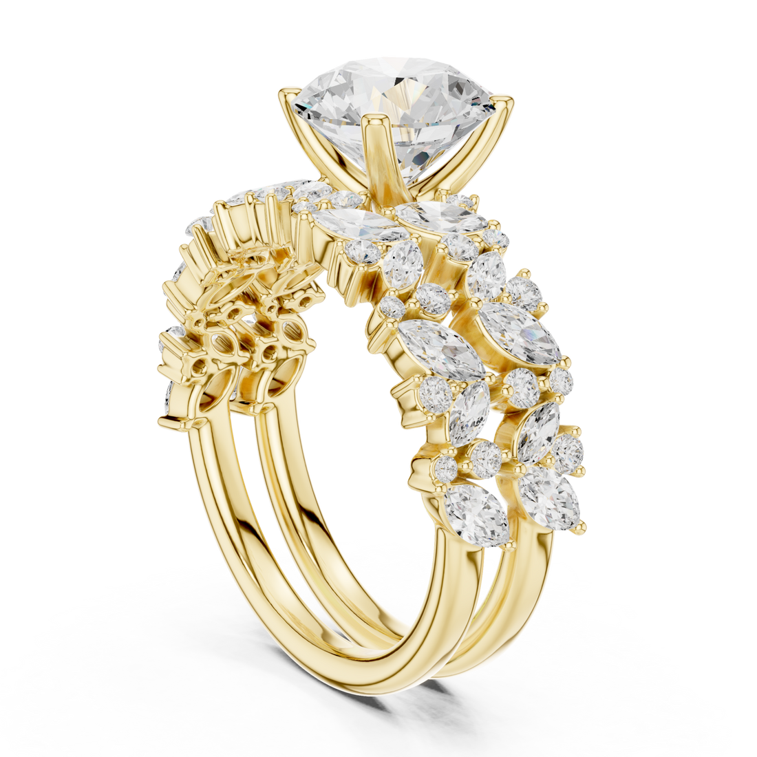 Round marquise cluster bridal set yellow gold front view