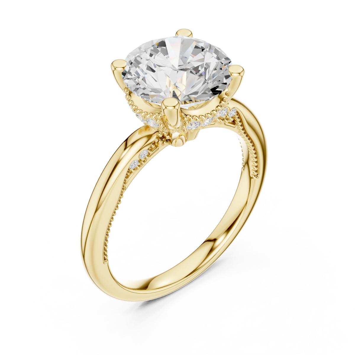 Round milgrain accent solitaire engagement ring yellow gold angle view