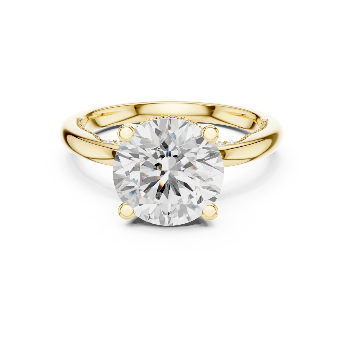 Round milgrain accent solitaire engagement ring yellow gold detail view