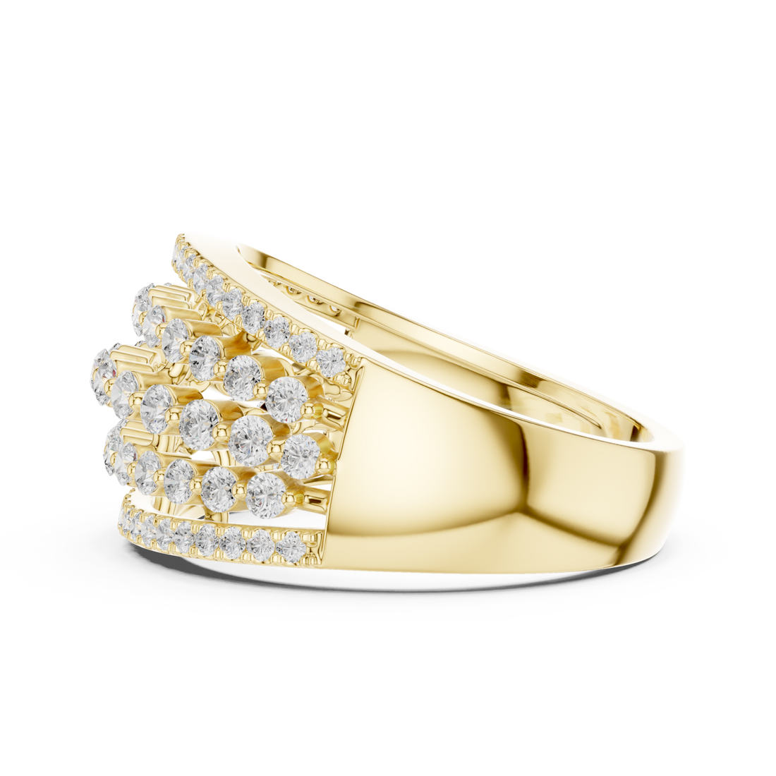 Round multi-row open dome band yellow gold front view