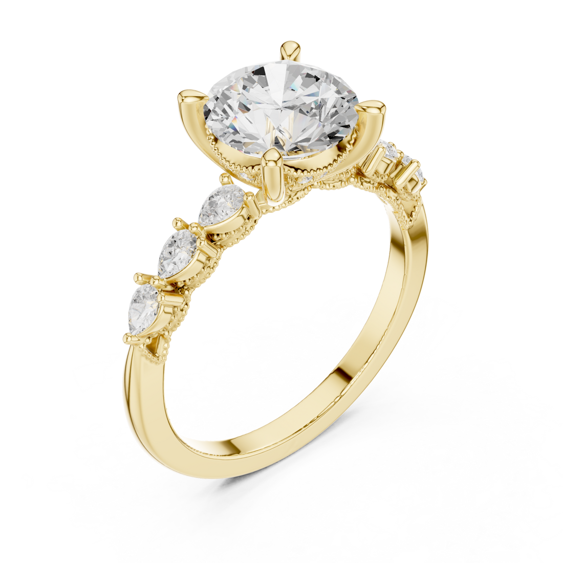 Round pear accent engagement ring yellow gold front view