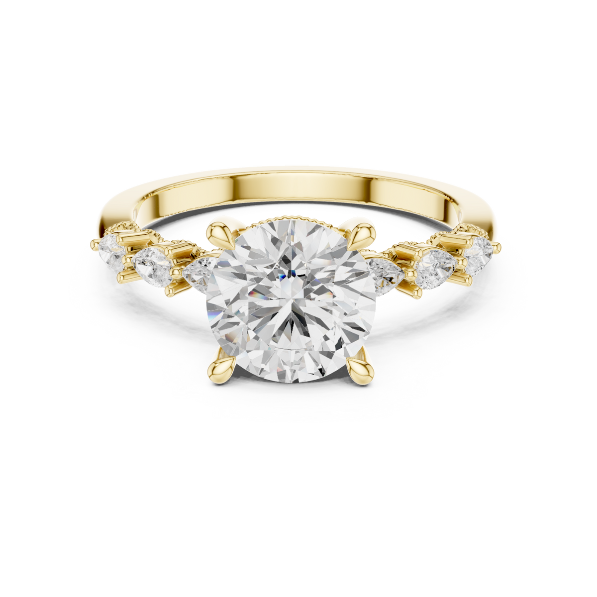 Round pear accent engagement ring yellow gold detail view