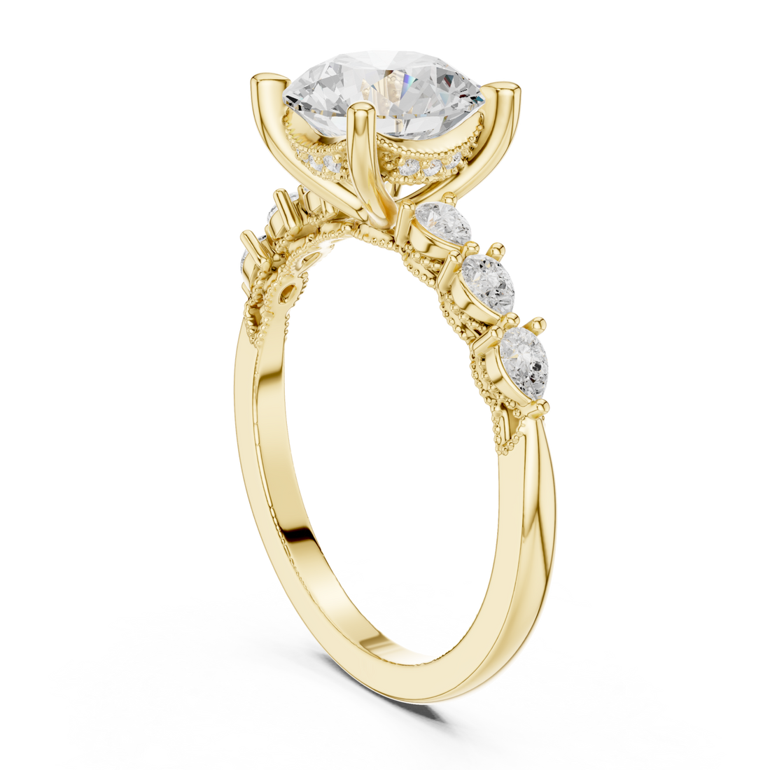 Round pear accent engagement ring yellow gold front view