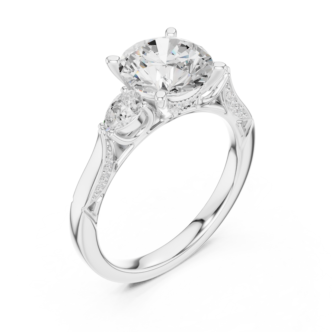 Round pear accent three stone pave engagement ring white gold front view