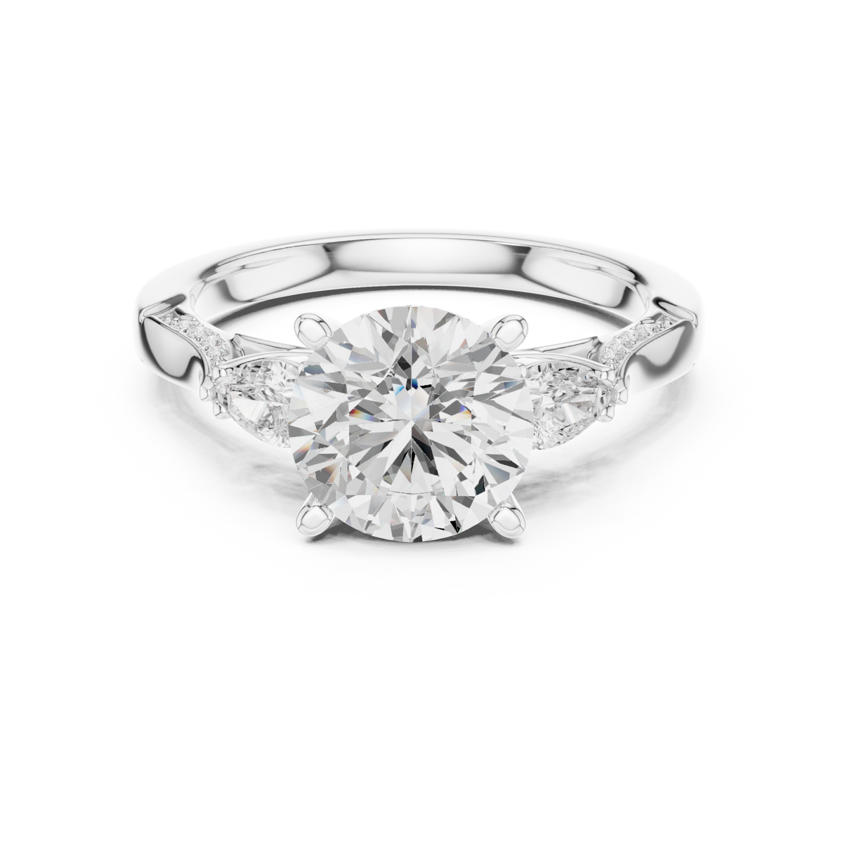 Round pear accent three stone pave engagement ring white gold detail view