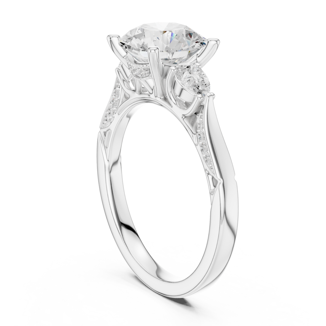 Round pear accent three stone pave engagement ring white gold front view