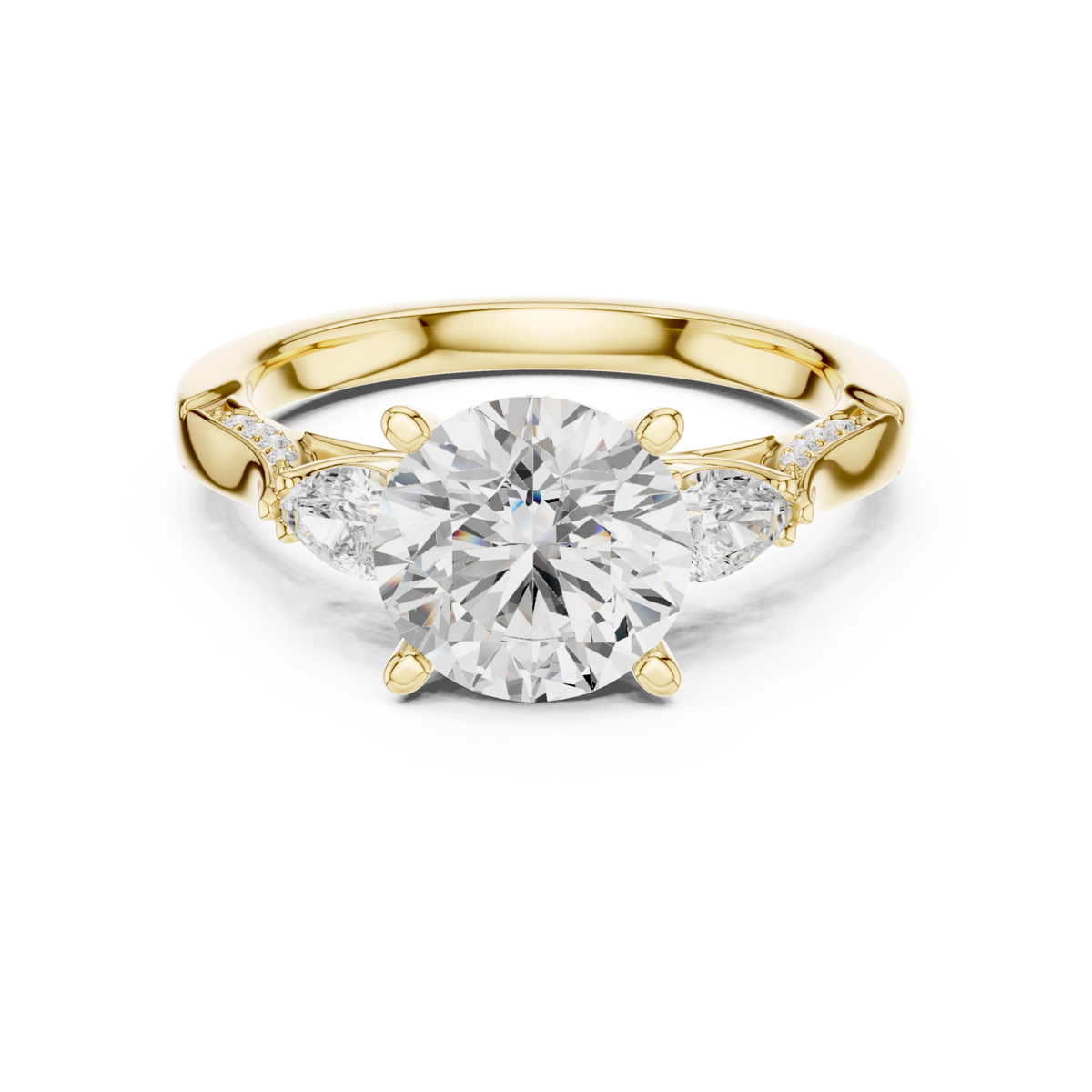 Round pear accent three stone pave engagement ring yellow gold detail view