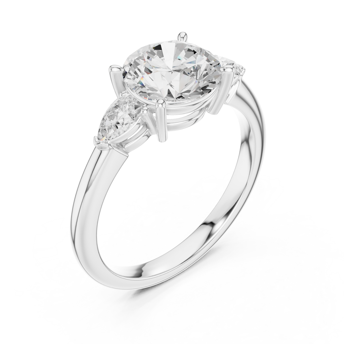 Round pear side three stone engagement ring white gold angle view