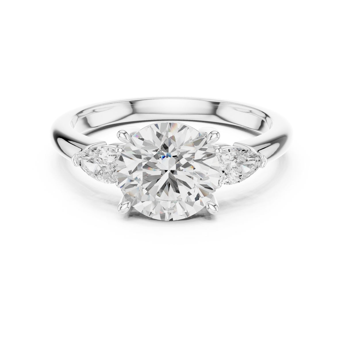 Round pear side three stone engagement ring white gold detail view