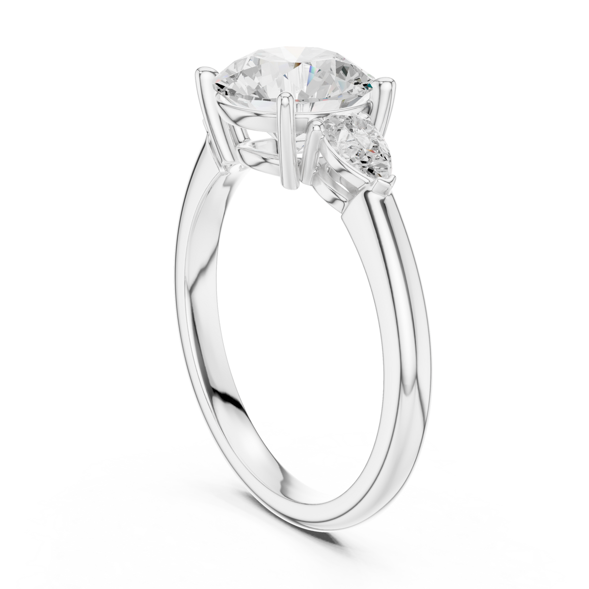 Round pear side three stone engagement ring white gold front view