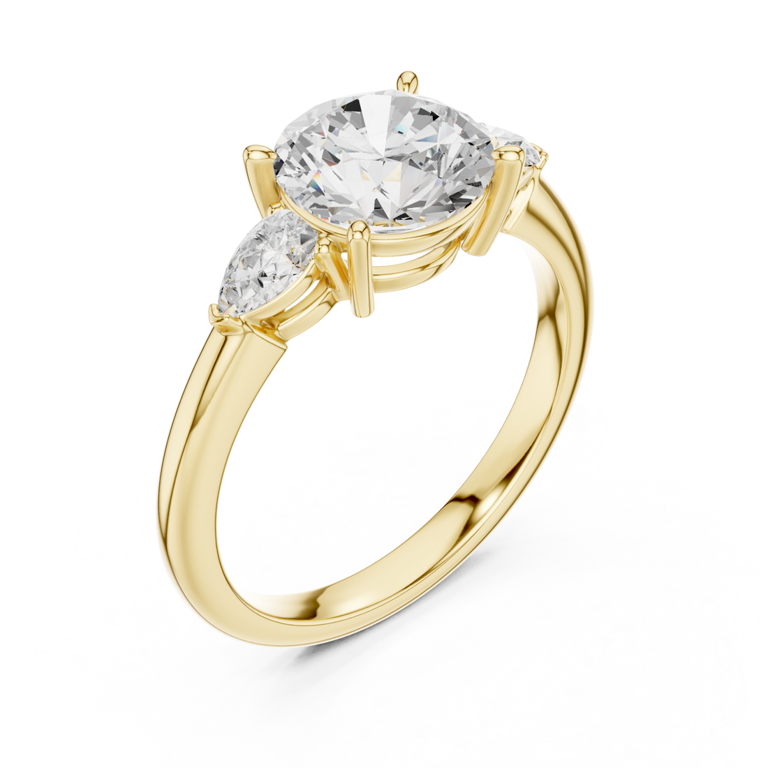 Round pear side three stone engagement ring yellow gold front view