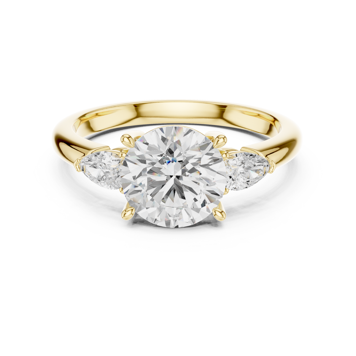 Round pear side three stone engagement ring yellow gold detail view