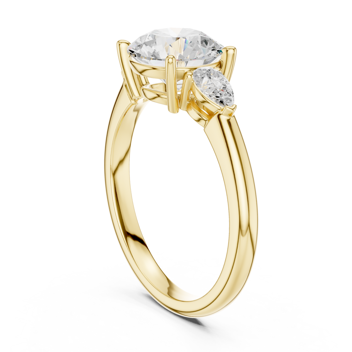 Round pear side three stone engagement ring yellow gold front view