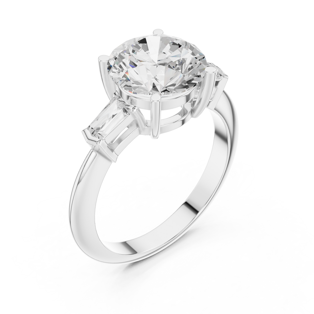 Round petite baguette three stone engagement ring white gold front view