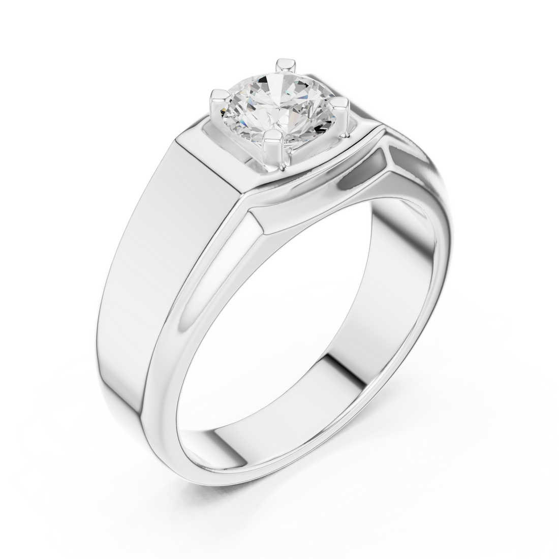  White Gold Round Prong Flat Top Ring for Him Front View