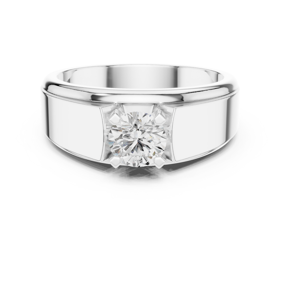  White Gold Round Ridge Shoulder Solitaire Ring for Him Front View