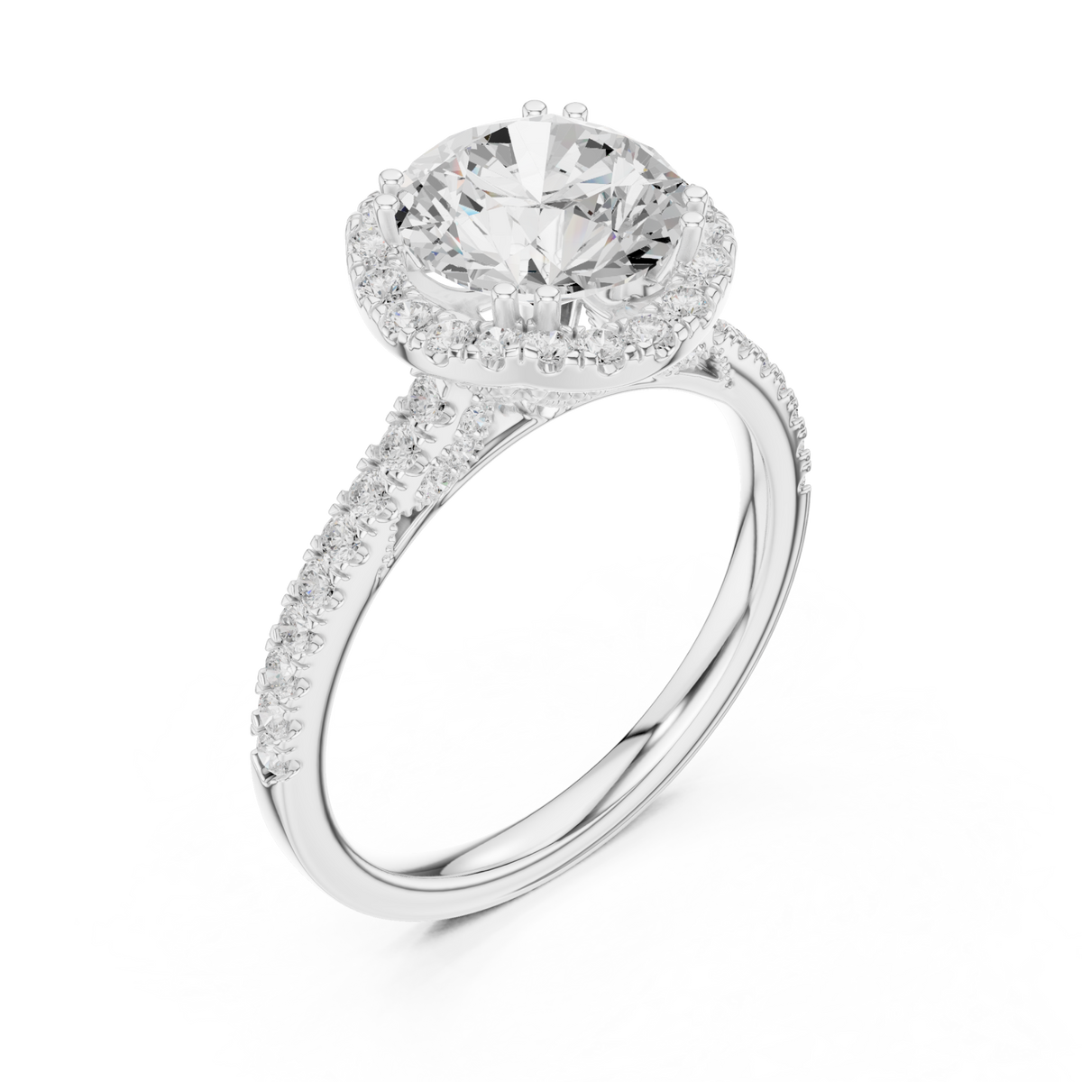 Round scalloped gallery halo pave engagement ring white gold angle view