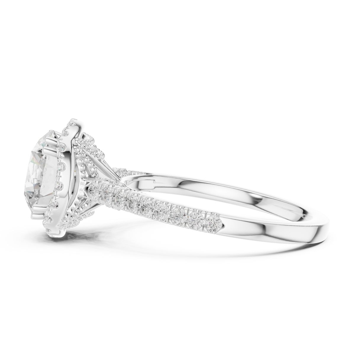 Round scalloped gallery halo pave engagement ring white gold side view