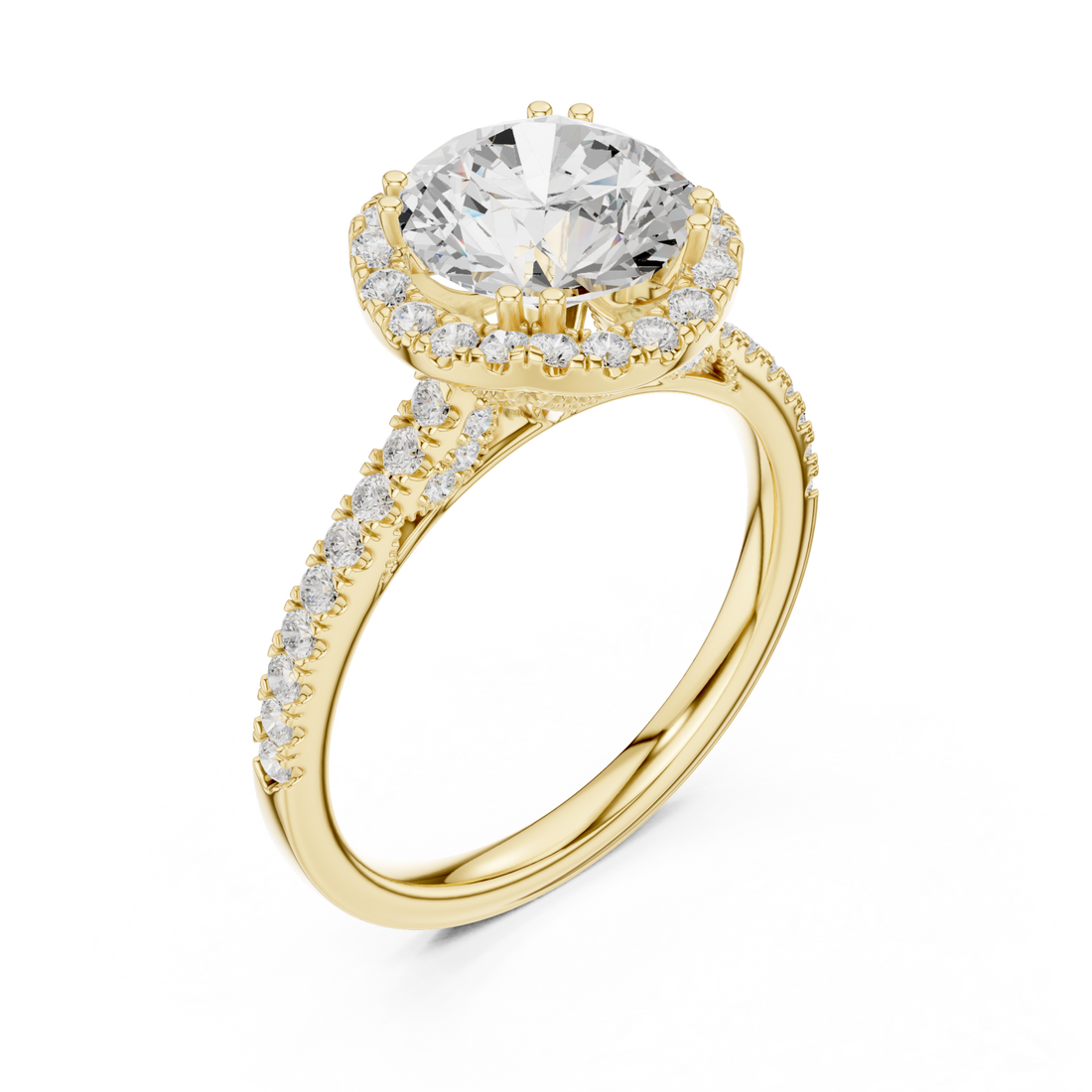 Round scalloped gallery halo pave engagement ring yellow gold front view