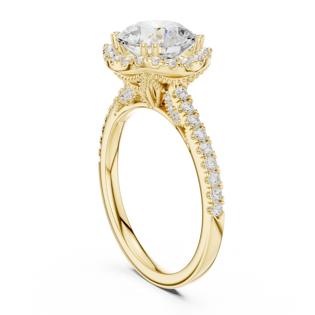 Round scalloped gallery halo pave engagement ring yellow gold front view