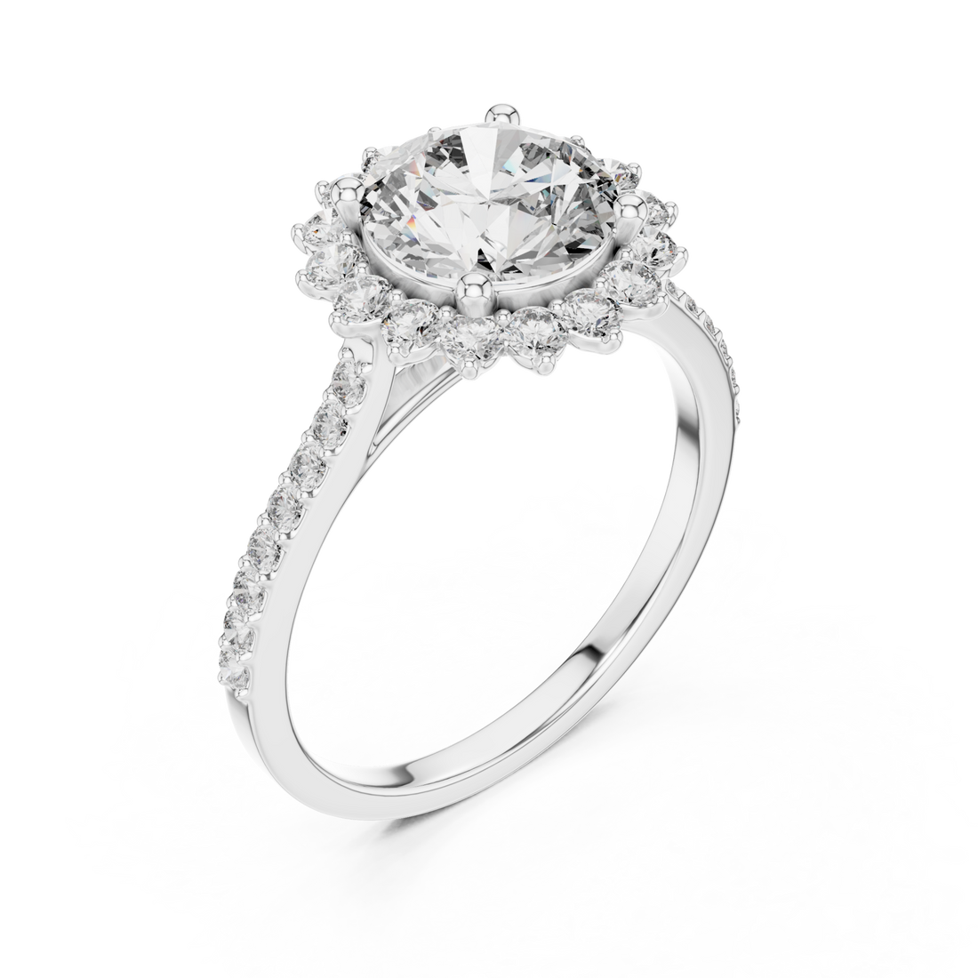 Round scalloped halo ring white gold front view