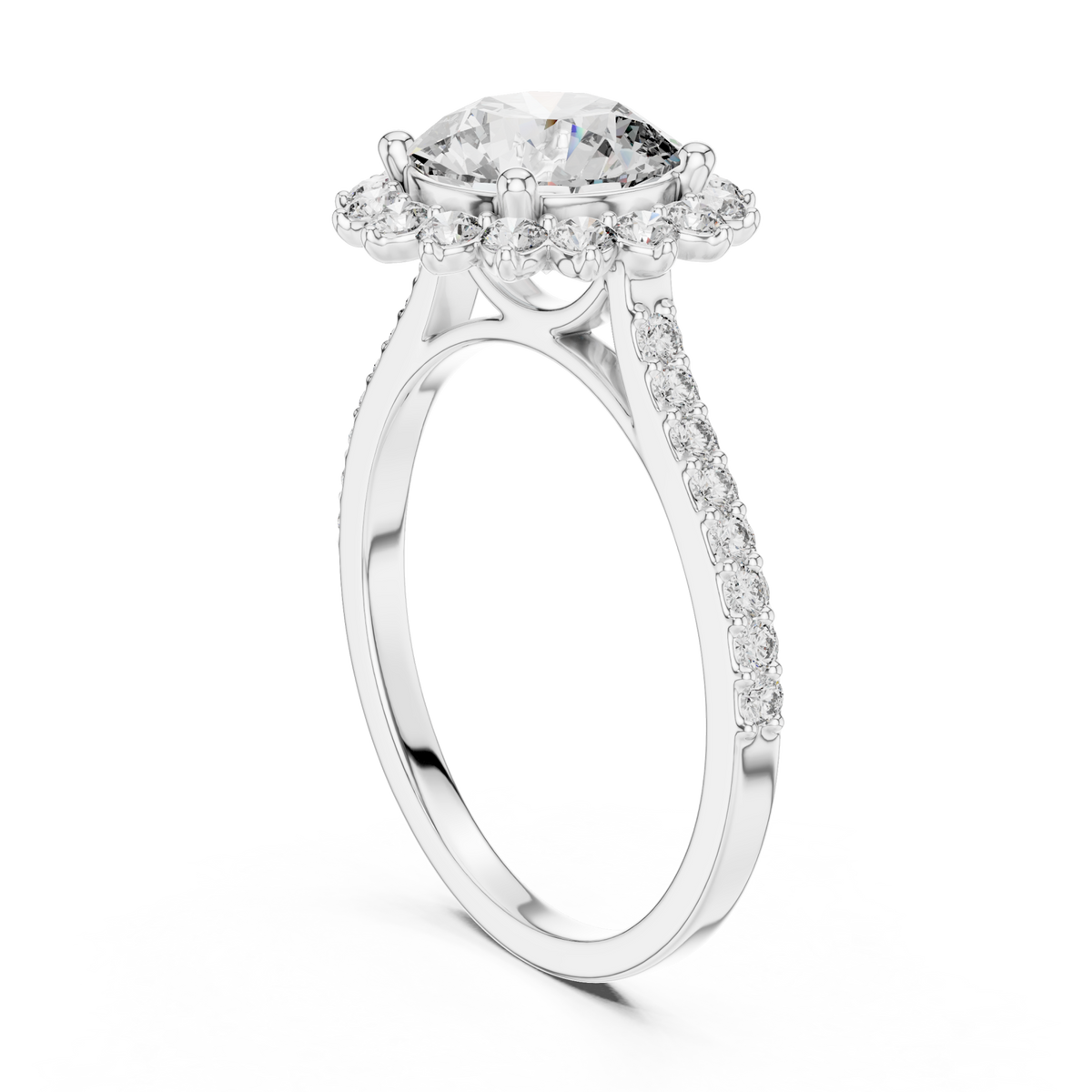 Round scalloped halo ring white gold side view