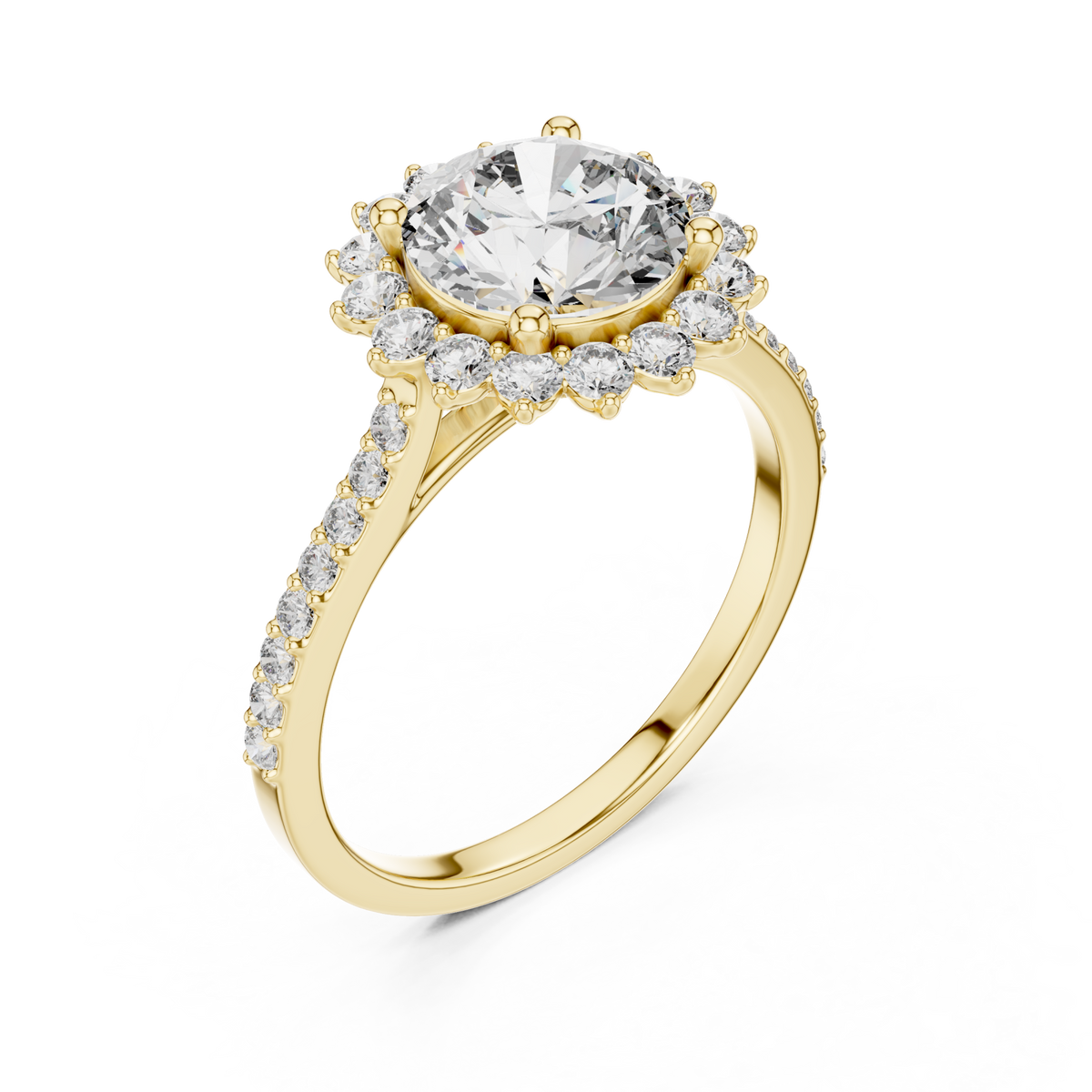 Round scalloped halo ring yellow gold front view