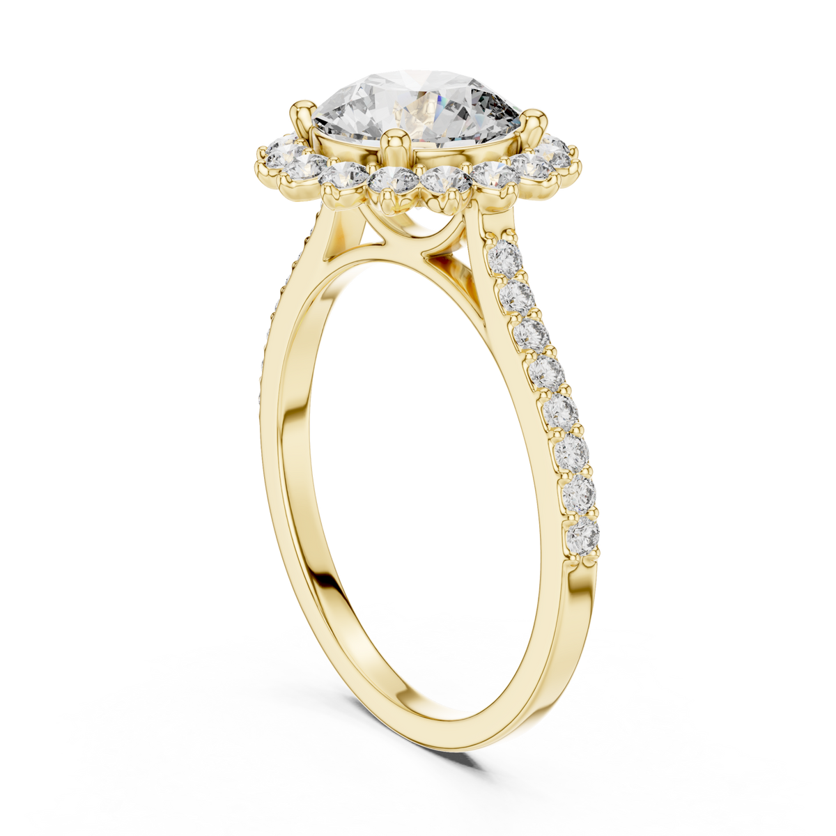 Round scalloped halo ring yellow gold side view