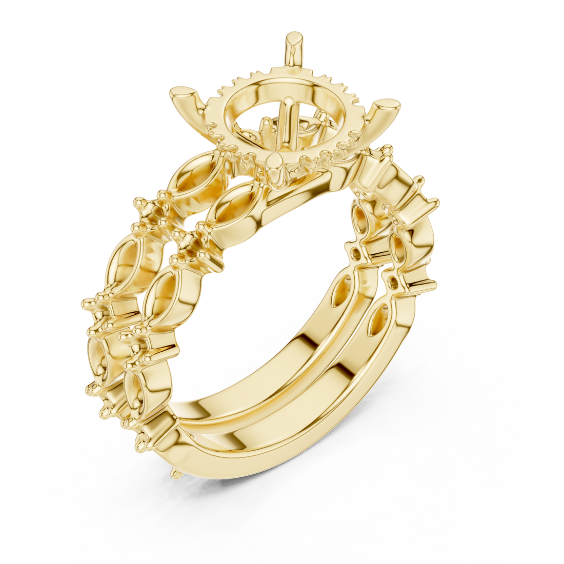 Round scalloped marquise bridal set yellow gold front view