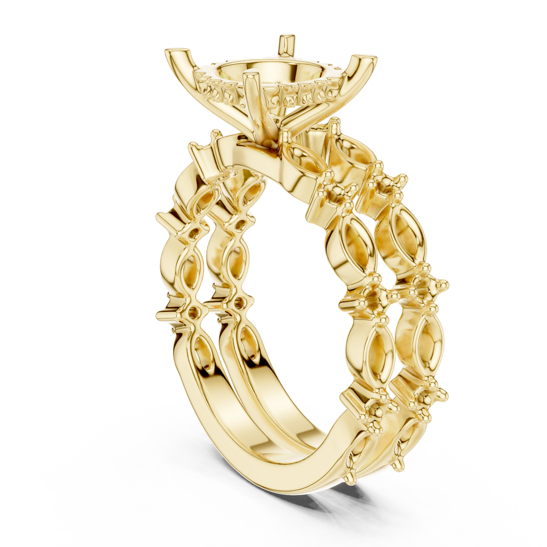 Round scalloped marquise bridal set yellow gold front view