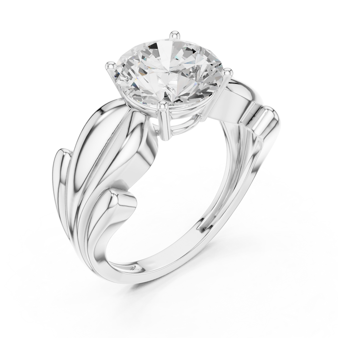 Round sculpted leaf solitaire engagement ring white gold front view