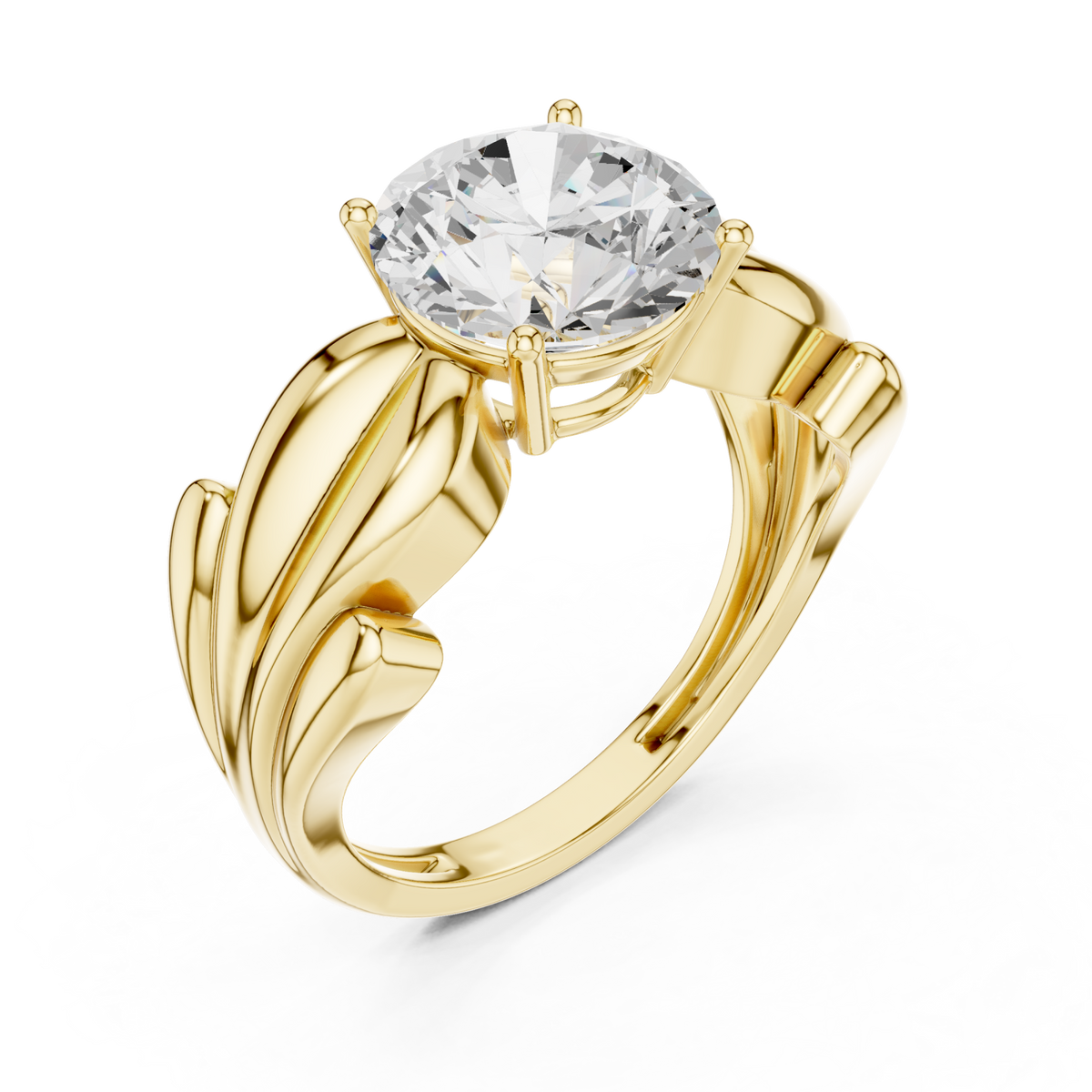 Round sculpted leaf solitaire engagement ring yellow gold angle view