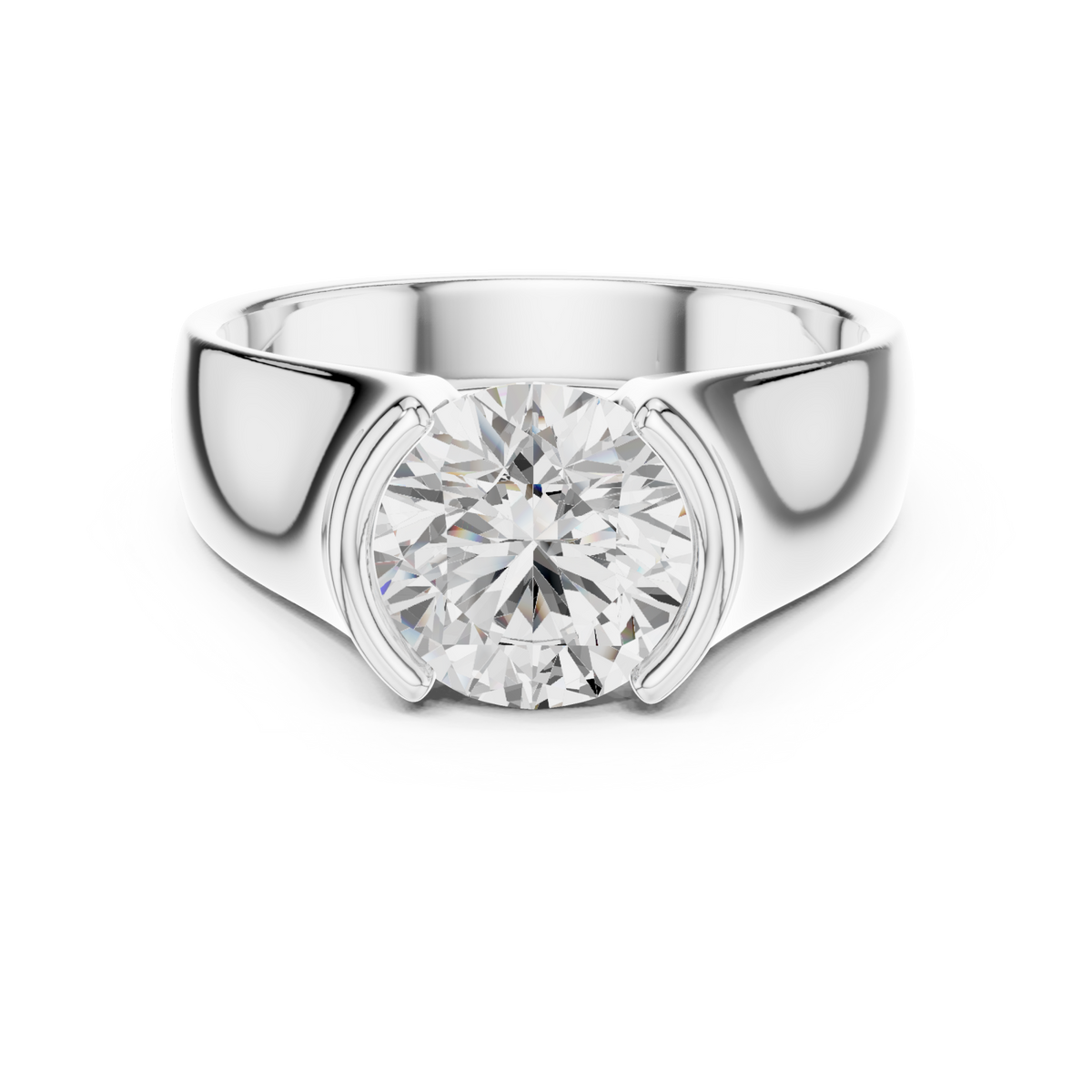  White Gold Round Semi-Bezel Solitaire Ring for Him Detail View